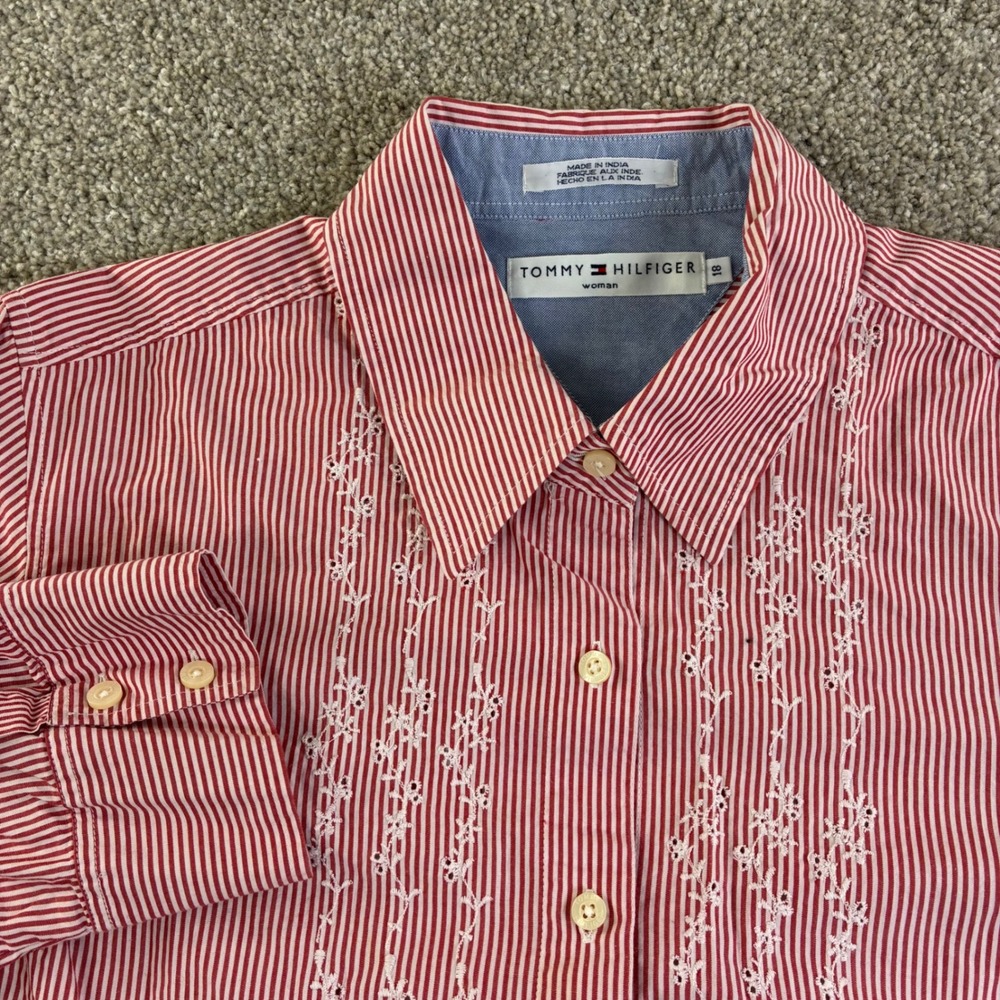 Tommy Hilfiger Woman 18 Red White Stripe Embroidered Button Down Shirt Boho‎